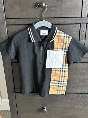Burberry Boys Black Piqué Zip Polo Shirt Vintage Check Panel Logo Pocket 3Y 3T